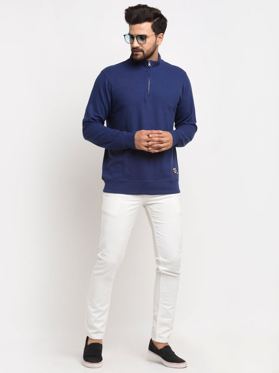 Royal Blue Solid Front Half Zipper High Neck Sweatshirt - clubyork