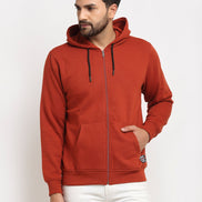 Rust Solid Front Zipper Hooded Sweatshirt - clubyork