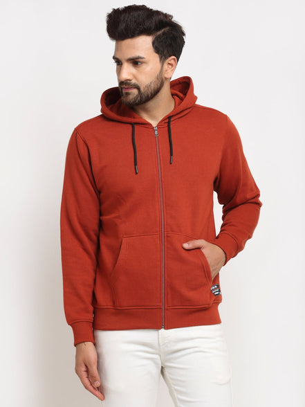 Rust Solid Front Zipper Hooded Sweatshirt - clubyork