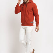 Rust Solid Front Zipper Hooded Sweatshirt - clubyork