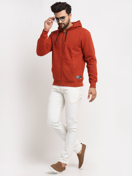 Rust Solid Front Zipper Hooded Sweatshirt - clubyork