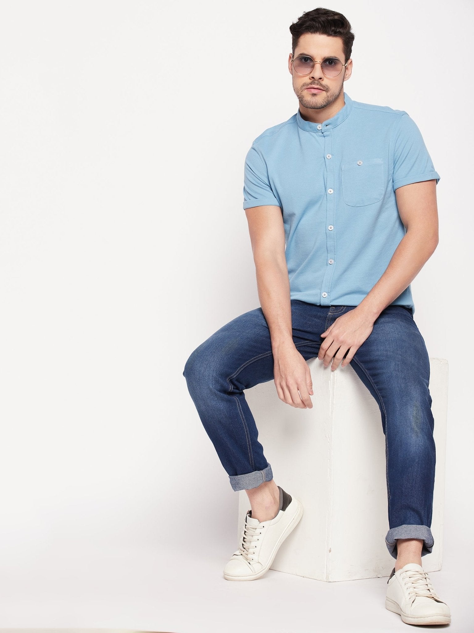 Sky Blue Henley Neck Shirt - clubyork