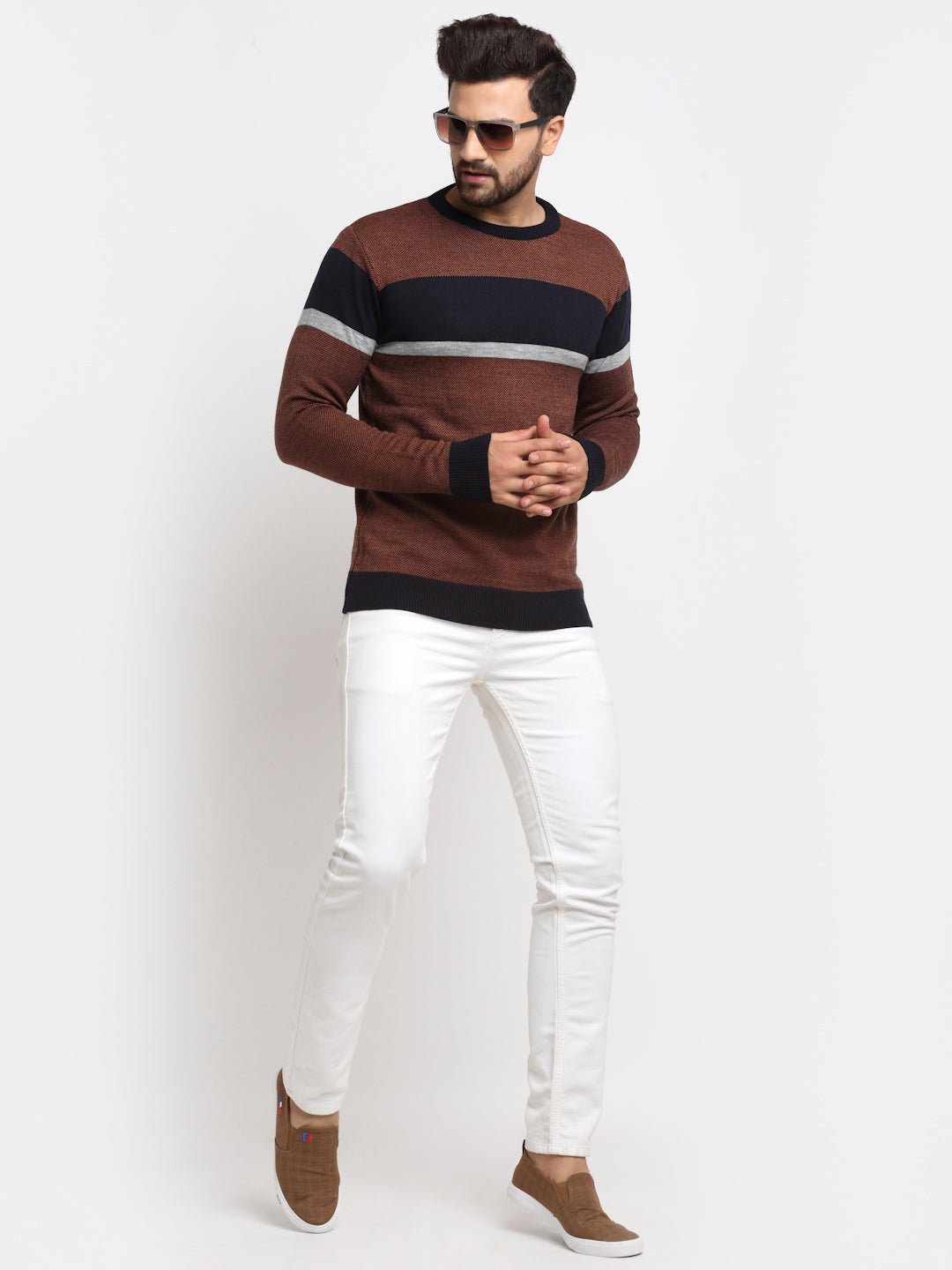 Tan Colourblocked Round Neck Sweater - clubyork