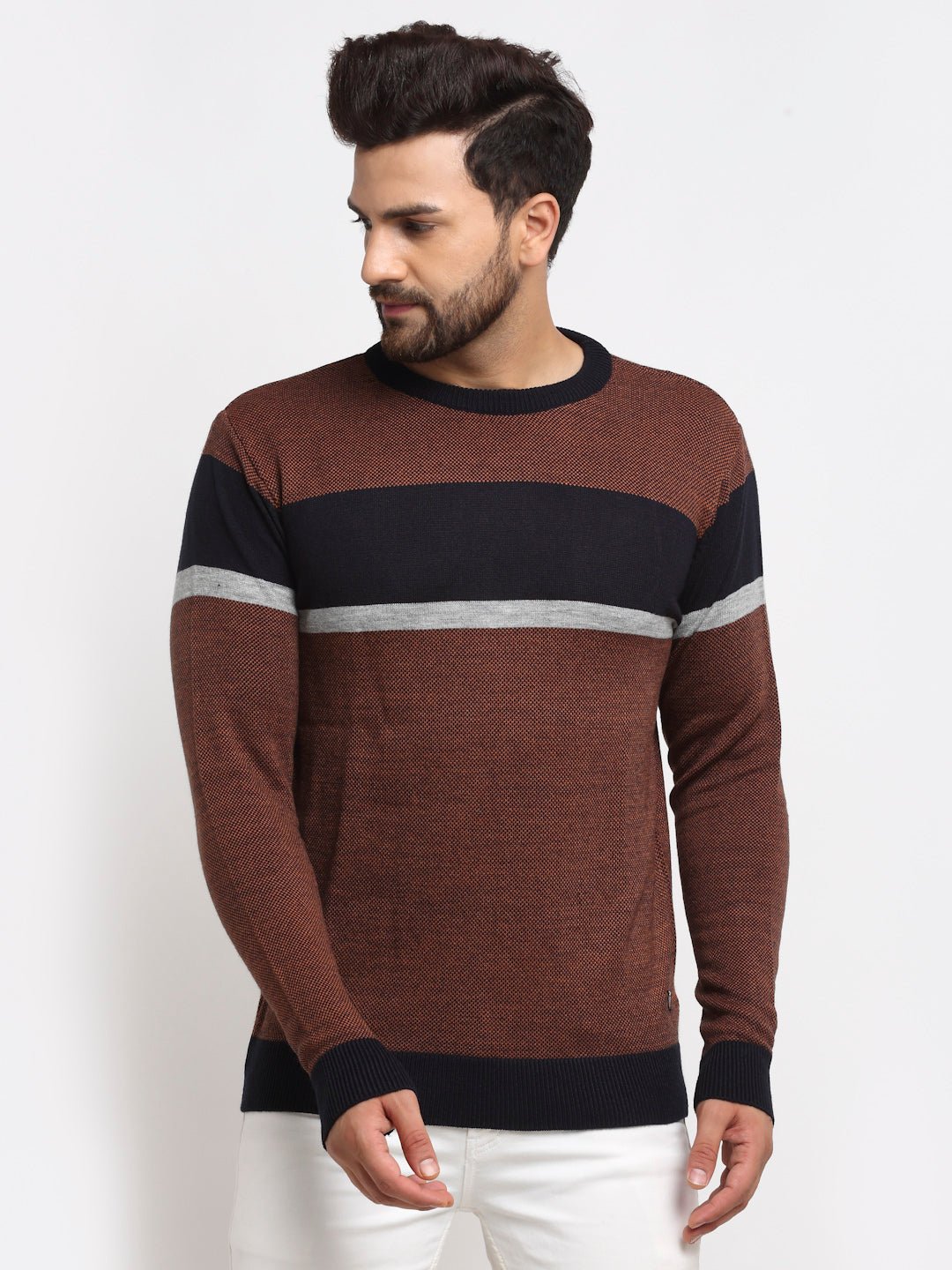 Tan Colourblocked Round Neck Sweater - clubyork