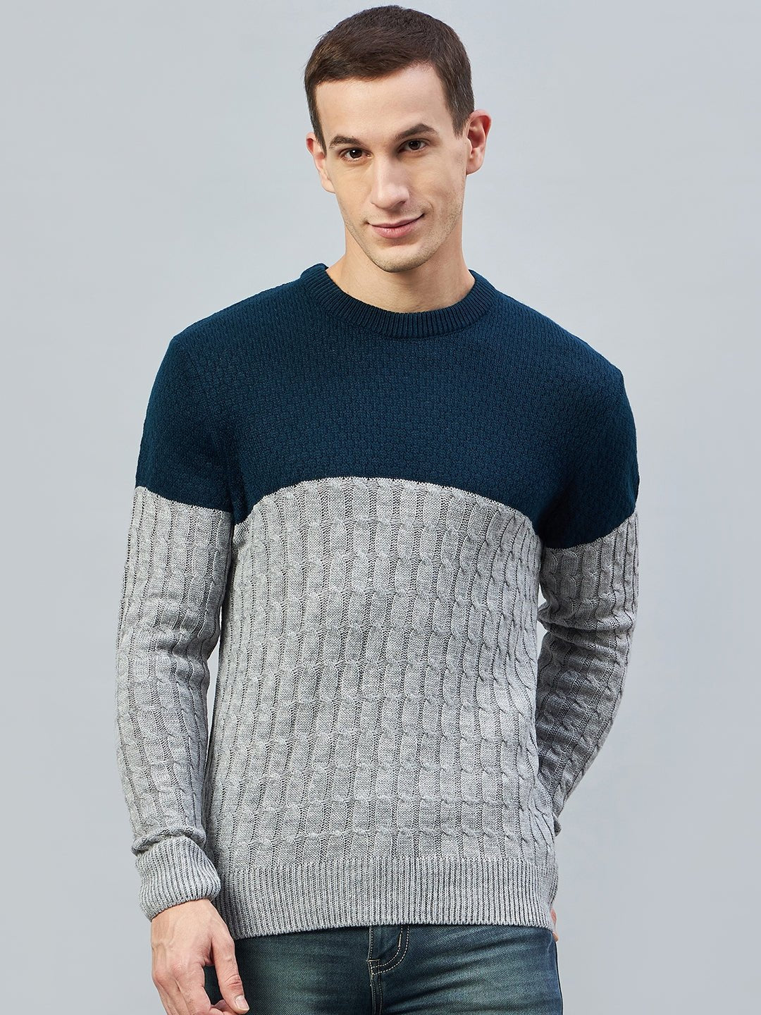 Teal Colourblocked Round Neck Sweater - clubyork