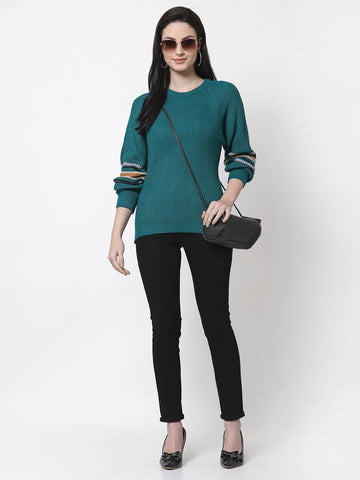 Teal  Round Neck Self Design Sweater