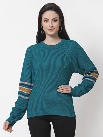 Teal  Round Neck Self Design Sweater