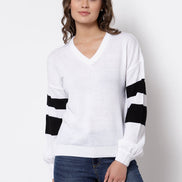 White Colourblocked V Neck Sweater - clubyork