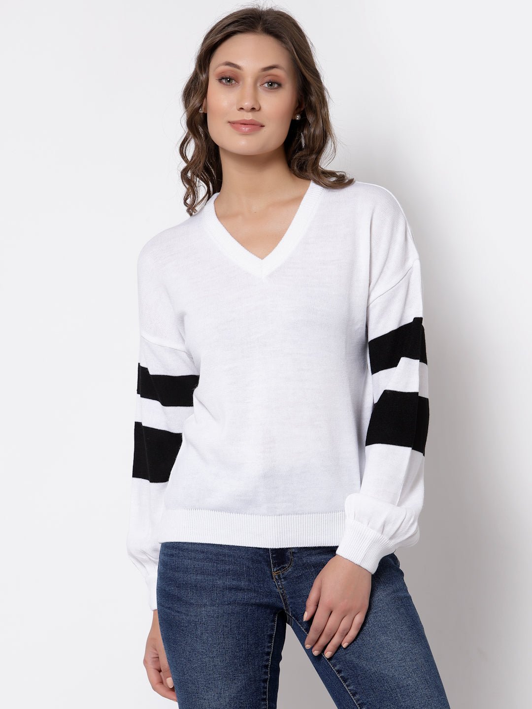 White Colourblocked V Neck Sweater - clubyork
