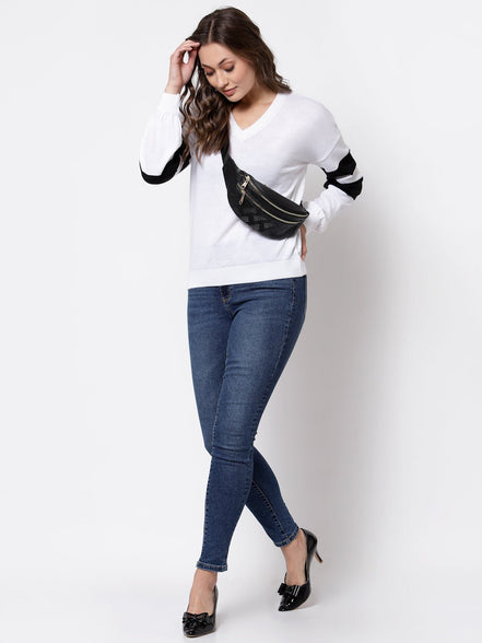 White Colourblocked V Neck Sweater - clubyork