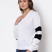 White Colourblocked V Neck Sweater - clubyork