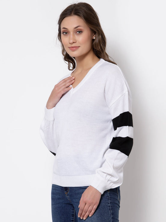 White Colourblocked V Neck Sweater - clubyork