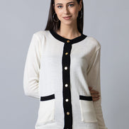 White Round Neck Soild Cardigan - clubyork