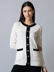 White Round Neck Soild Cardigan