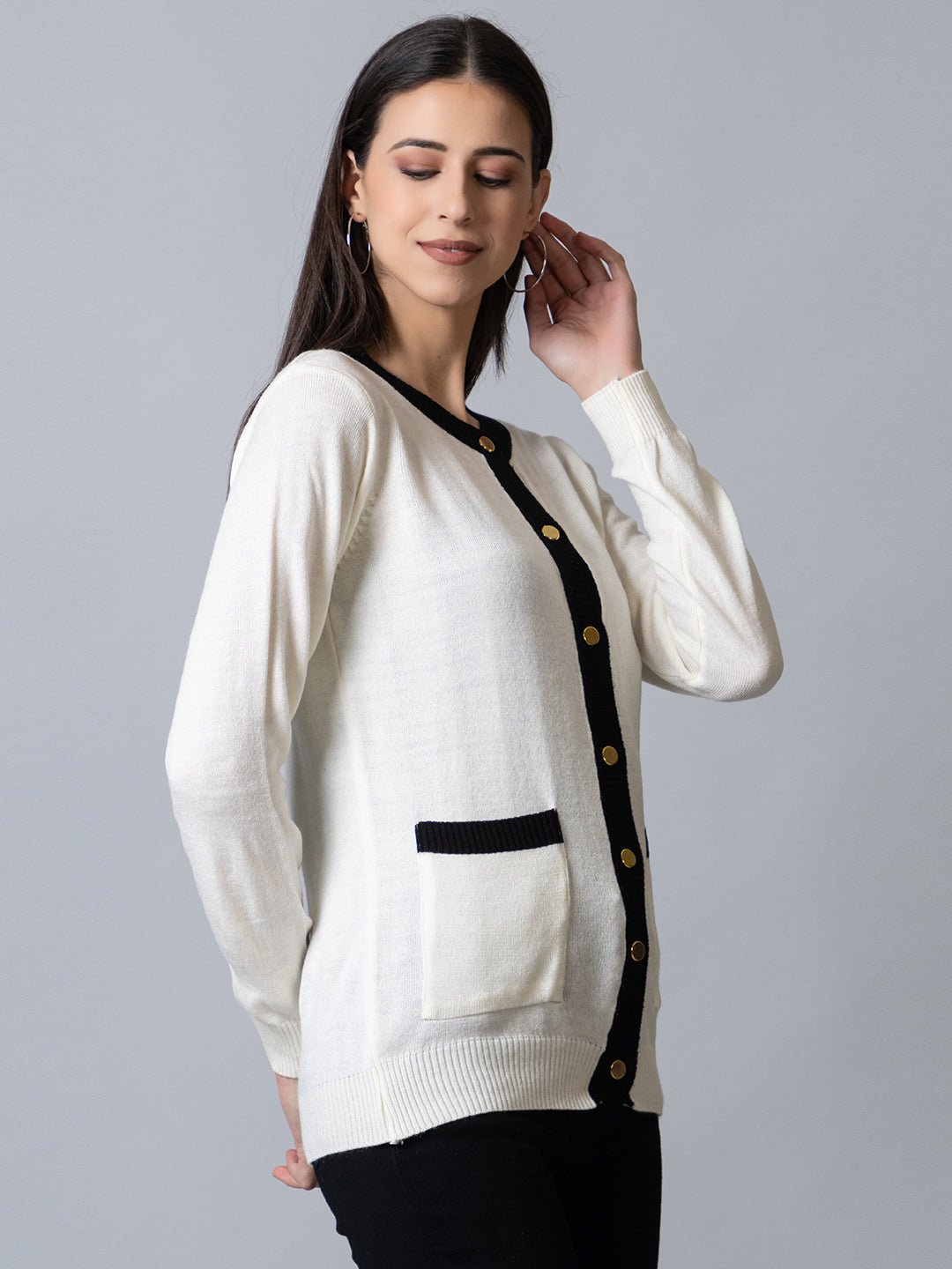 White Round Neck Soild Cardigan - clubyork