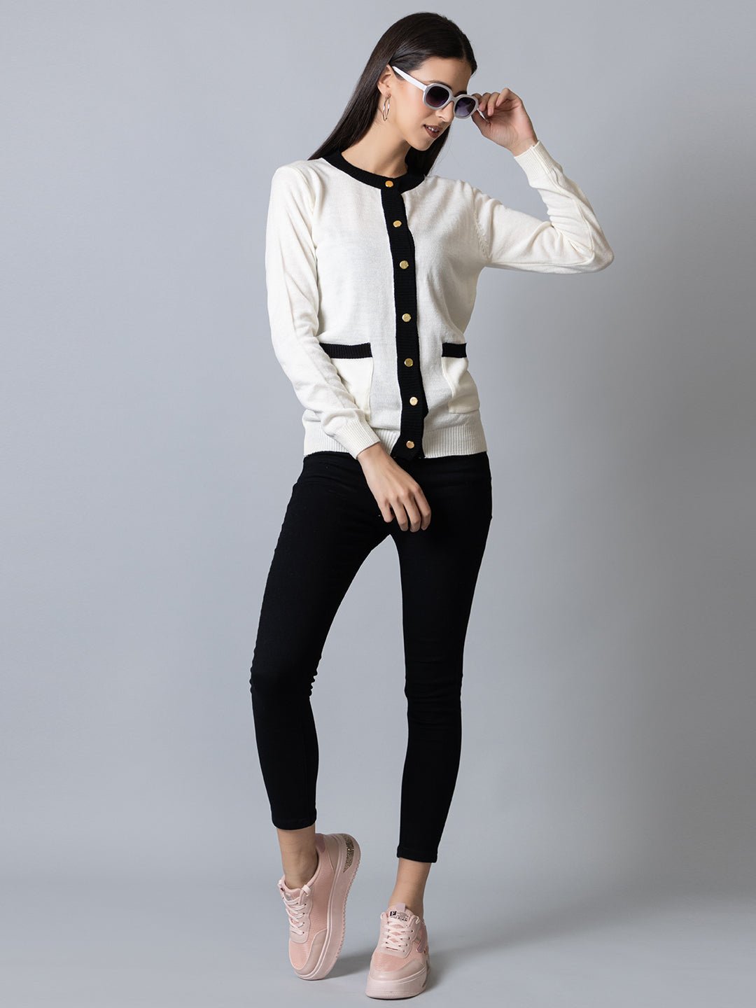White Round Neck Soild Cardigan - clubyork