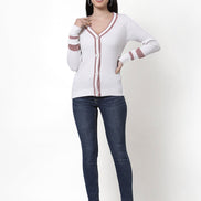 White V-Neck Self Design Cardigan - clubyork
