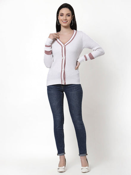 White V-Neck Self Design Cardigan - clubyork
