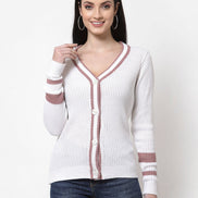 White V-Neck Self Design Cardigan - clubyork