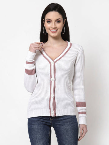 White  V-Neck Self Design Cardigan