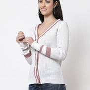 White V-Neck Self Design Cardigan - clubyork