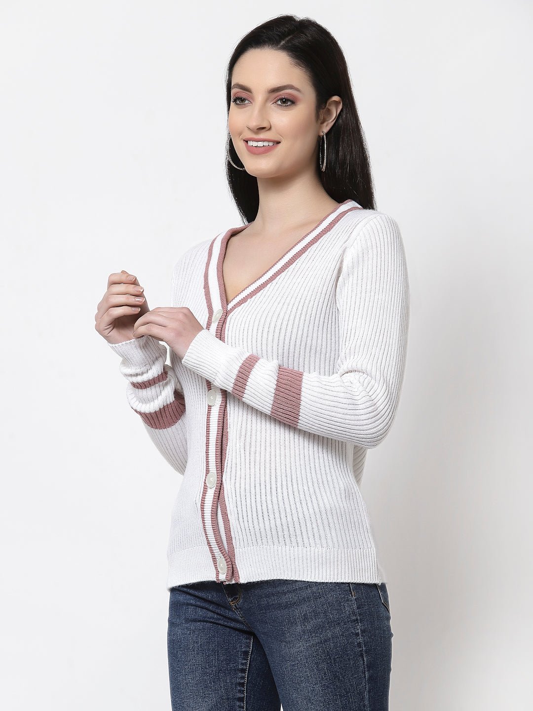 White V-Neck Self Design Cardigan - clubyork