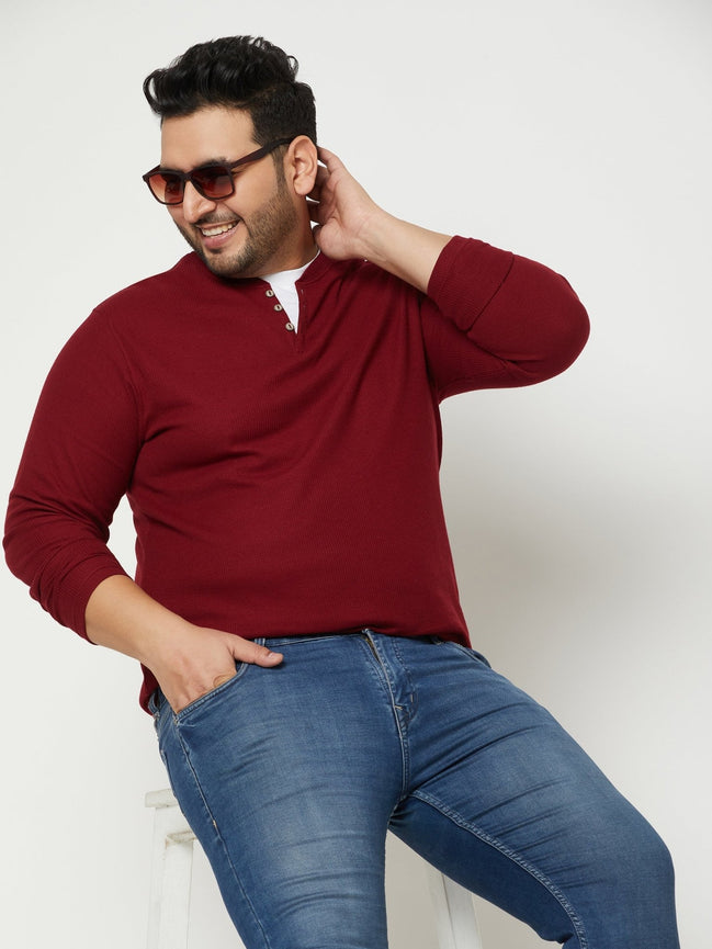 Wine Solid V Neck Plus Size T-Shirt - clubyork