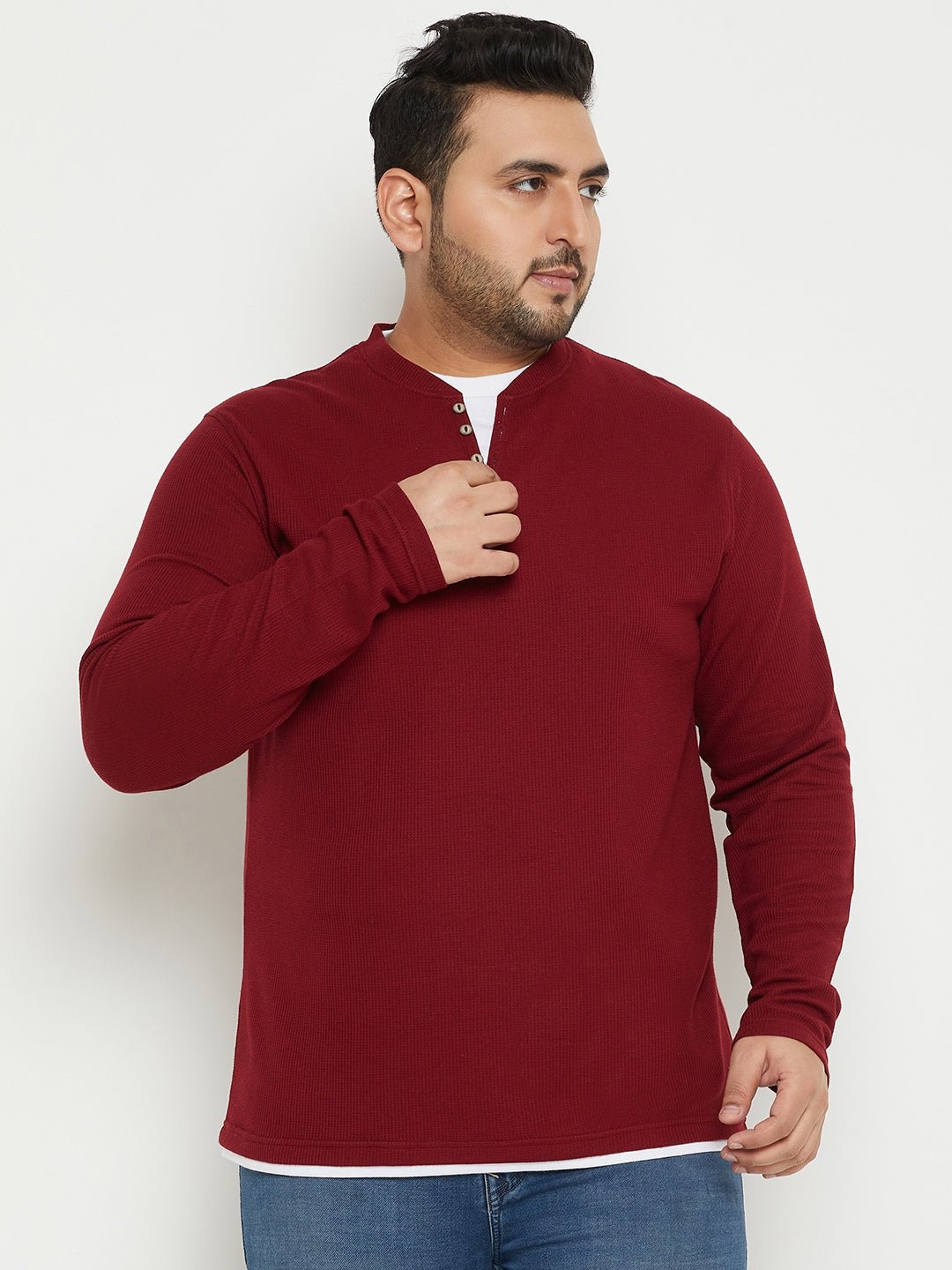 Wine Solid V Neck Plus Size T-Shirt - clubyork
