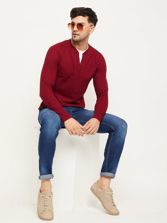 Wine Solid V Neck T-Shirt - clubyork