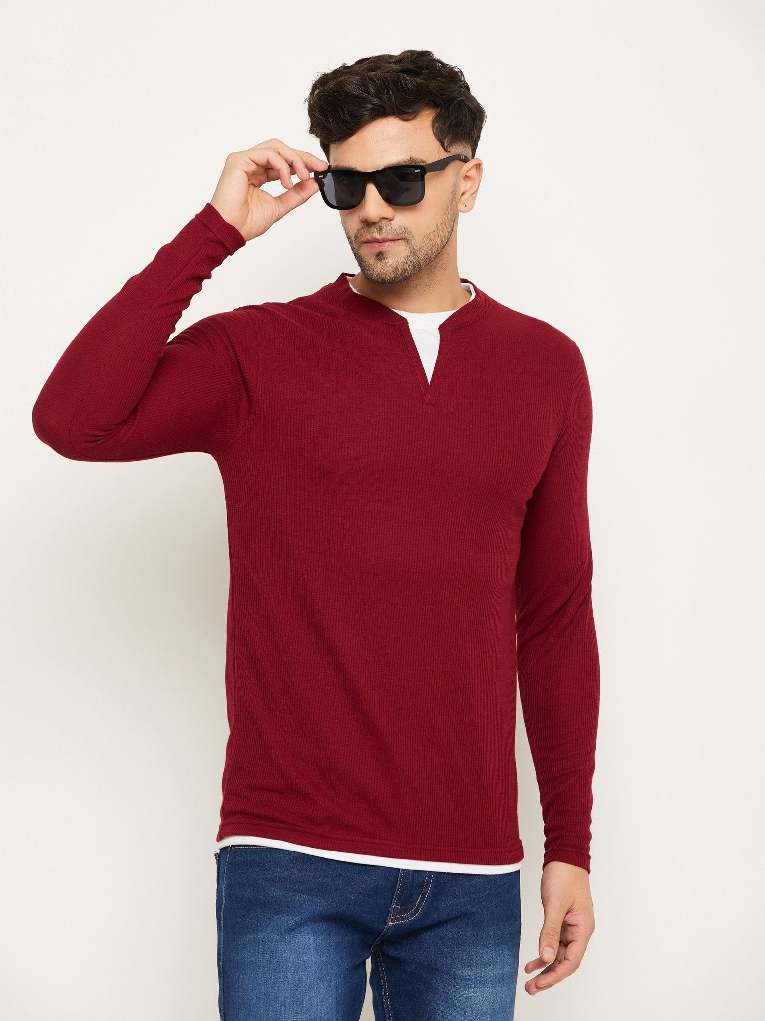 Wine Solid V Neck T-Shirt - clubyork