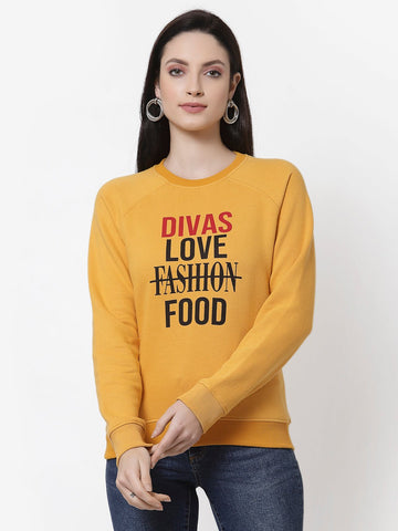 Yellow  Round Neck Printed Sweatshirt