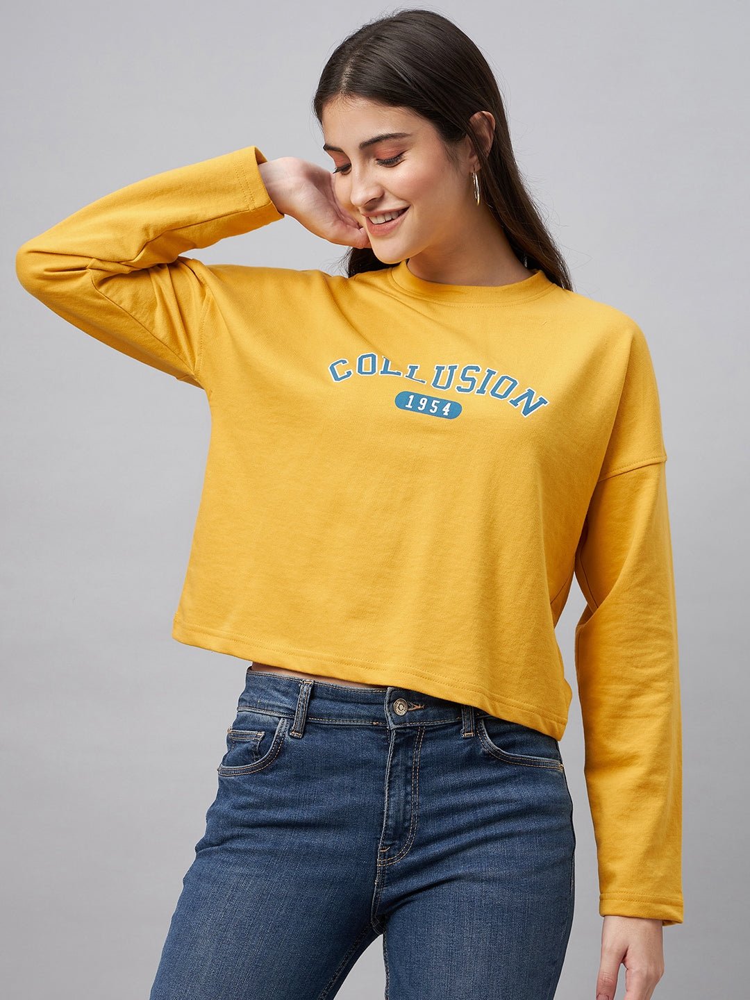 Yellow Typography Print Round Neck Sweatshirt - clubyork
