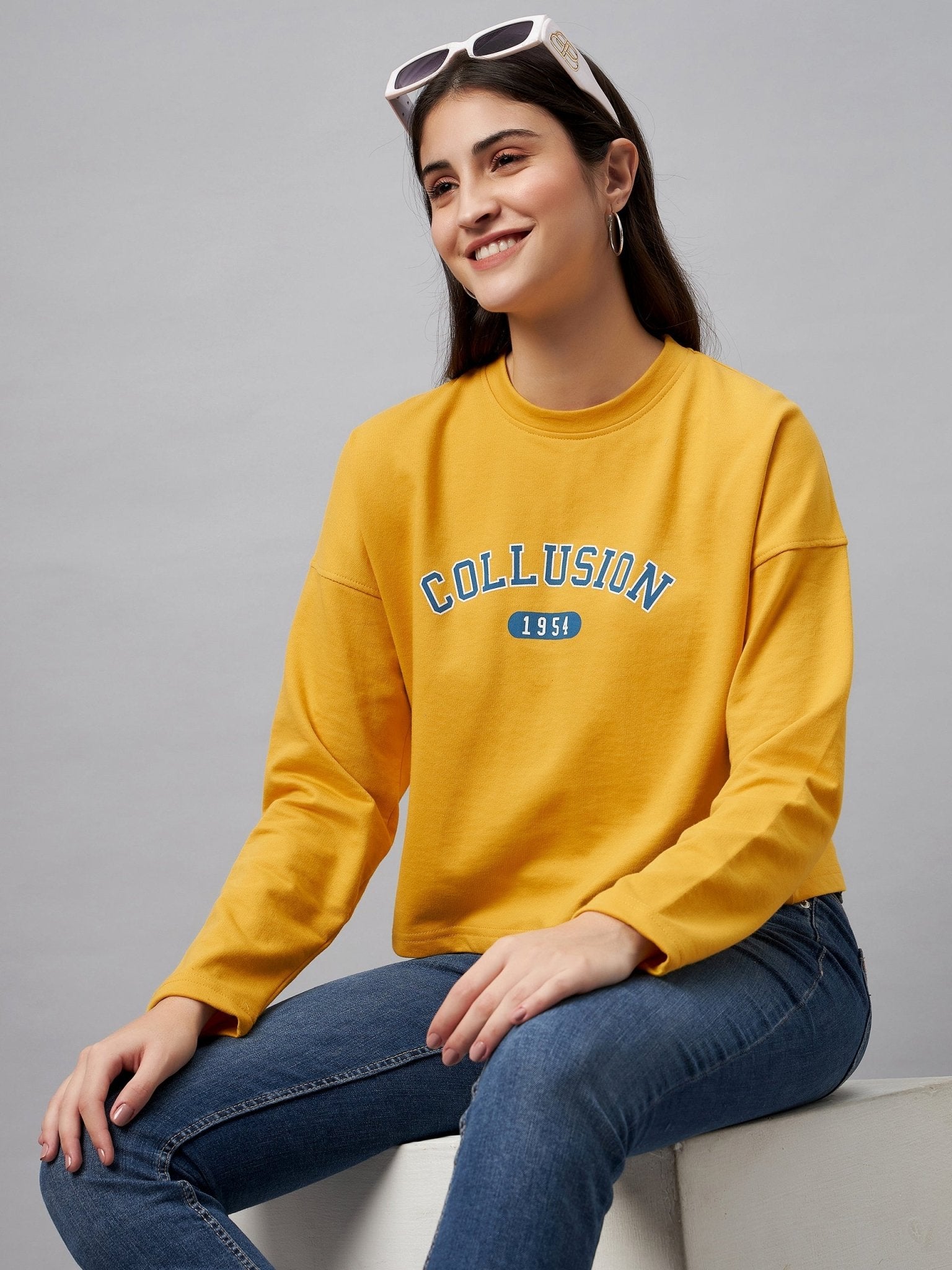 Yellow Typography Print Round Neck Sweatshirt - clubyork