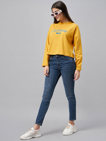 Yellow  Typography Print Round Neck Sweatshirt